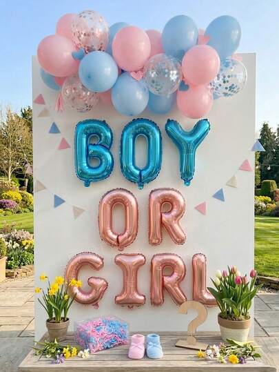 25件套性别揭晓派对装饰套装，包括16英寸“男孩或女孩”字母横幅铝箔气球、蓝色和玫瑰金字母气球、12英寸透明亮片气球（浅粉色和浅蓝色）、10英寸马卡龙粉和马卡龙蓝乳胶气球，适合婴儿派对。