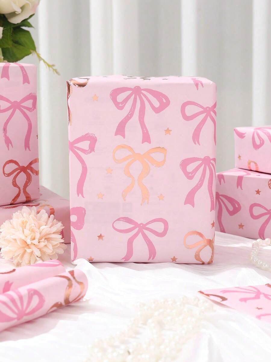 2卷粉色包装纸，可爱蝴蝶结礼品包装纸，玫瑰金箔可爱蝴蝶结礼品包装纸，双面格子礼品包装纸，适用于婴儿派对、生日、婚礼、新娘派对（半卷）