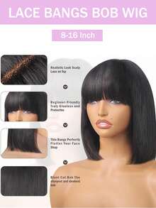 200% Density Straight Short Bob Wig With Bangs, Glueless Transparent Lace Top, Suitable For Beginners, Natural Black, Made Of Human Hair, Natural Look - Natural Black - View 5