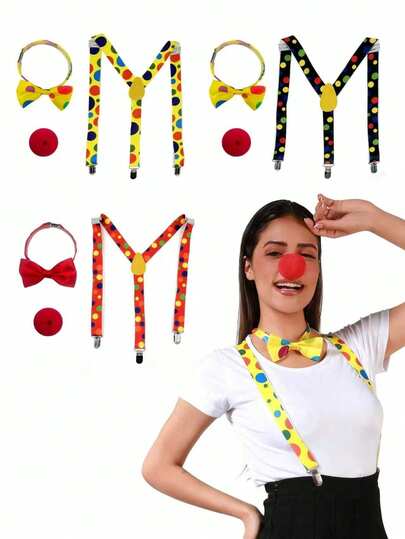 Bộ trang phục chú hề chấm bi nhiều màu sắc 3 món - Cà vạt + Mũi + Dây đeo, trang phục polyester thời trang phù hợp cho nhập vai, lễ hội, lễ hội hóa trang và biểu diễn sân khấu.