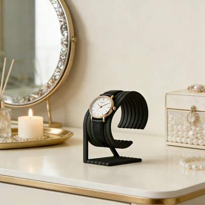 1个黑色极简主义手表展示架 | 创意手表、手链、项链收纳架，塑料材质，无需电源，男女通用，可作首饰盒、房间装饰