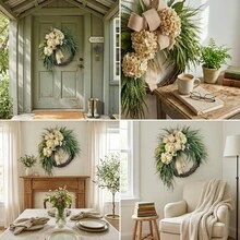 23.62 Inch Hydrangea & Eucalyptus Wreath With Bow Rustic Farmhouse Door Wall Decoration, Beige/Flowers & Green Foliage, Durable Plastic Frame For Front Door, Thanksgiving, Halloween, Christmas, Fall Decor, Room Decor - Rượu sâm banh - Xem 2
