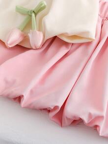 两件套年轻女孩可爱清新公主风格无袖郁金香印花吊带背心和休闲裙套装，户外装 - 粉色 - 查看 4