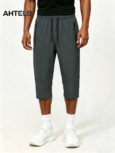  AHTELB Men's 3/4 Knee-Length Shorts, Quick-Dry Breathable Shorts With Elastic Waist Drawstring, Zipper Pockets, Suitable For Sports, Fitness, Casual Wear In Summer, Great Gift For Friends, Husbands, Boyfriends