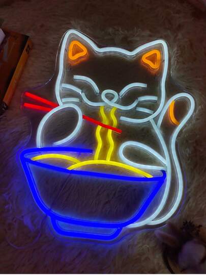 1个可爱拉面猫霓虹灯，多色高亮LED壁挂灯，USB供电低压装饰灯，适用于酒吧、酒店、日式餐厅、派对、卧室、房间和厨房装饰