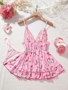 SANRIO 2件套女士粉色字母印花甜美薄纱蝴蝶结装饰睡裙睡衣套装 - 淺粉色 - 查看 8