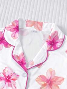 2pcs/Set Wearable Tween Girl Pajama Set, Hawaiian Floral Print, Soft Fabric, Short Sleeve Shirt With Collar & Button, Elastic Shorts, Cute & Fashionable Sleepwear For Holiday Party, Outdoor & Indoor Wear - White - View 4