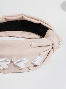 1pc Solid Color Fabric Fashionable Sweet Korean Style Women Headband, Minimalist Pearl Heart Decor Elegant Hair Accessory Travel Accessories Hair Band Diadema Hair Hoop - Beige - View 3