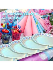 1/8 Set Holographic Mermaid Shell Paper Plates, Rainbow Mermaid Theme Party Supplies, Suitable For Summer Birthday Party, Baby Shower, Wedding And Various Gatherings, Mermaid Theme Birthday Party Decorations And Tableware Set "Underwater World" Theme Party Supplies - Multicolor - View 3