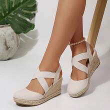 Women's Closed Toe Espadrille Wedge Sandals, Crisscross Elastic Ankle Strap Platform Sandals Comfortable Summer Shoes - 米色 - 查看 4