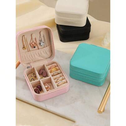1个便携式旅行首饰收纳盒，PU皮革防水储物盒，迷你首饰收纳盒，防尘戒指盒，适用于耳环、项链、发饰、戒指、手表、手镯等，旅行必备，邮轮必备，假日必备，复活节、母亲节、送给女友、妈妈、老师的完美礼物
