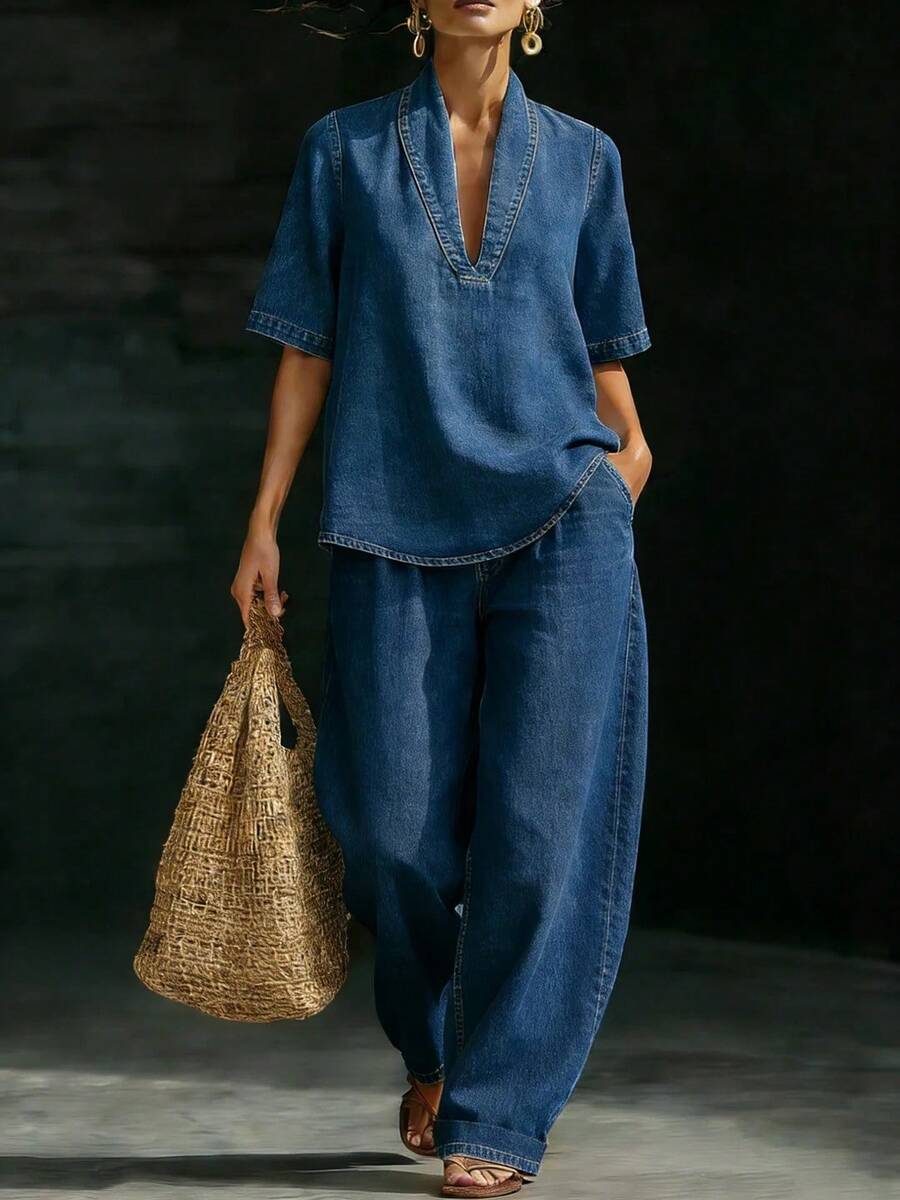 2026"Effortless V-Neck Denim 2pcs Set"| Short-Sleeve Loose Top& Wide-Leg Jeans, Perfect For Commute& Laid-Back Daily Style - Light Blue - 查看 1