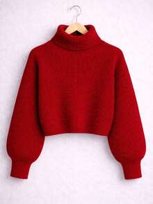 Women's Red Knit Cropped High Neck Sweater With Off-The-Shoulder Design For Winter - Red - View 4