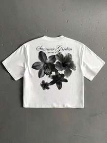 Camiseta de manga corta holgada y corta con estampado casual de fuente manuscrita floral para hombre, esencial para citas y reuniones, regalo de pareja de moda para el novio - Blanco - Ver 1