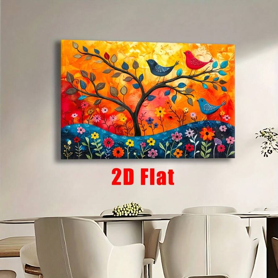 2D Plano, 1 Pieza Sin Marco Vertical Moderno Clásico Abstracto Pájaros y Flores Árbol Lienzo - Multicolor Arte de Pared Naturaleza Póster Impreso para Sala, Dormitorio, Oficina Decoración - Pájaros Vibrantes Rojo, Amarillo, Verde, Azul en Ramas, Casa, 2D Plano - Sin marco - Ver 1