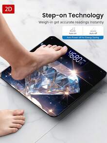 1 pieza Báscula electrónica con pantalla LED, báscula de baño plana 2D con diseño de diamante brillante, plataforma de pesaje decorativa - Adecuada para uso a largo plazo, satisface las necesidades de pesaje del hogar, utiliza pilas AAA (pilas no incluidas) - Multicolor - Ver 2