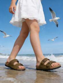 Kids Open Toe Strap Sandals With Soft Cork Insole, Casual Summer Flat Sandals For Boys And Girls - Army Green - View 5