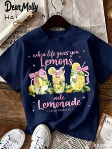 DEAR MOLLY Women's "When Life Gives You Lemons" Lemonade Pattern Print T-Shirt, Casual Retro Lemon Pattern Round Neck Short Sleeve T-Shirt, Suitable - 藏蓝色 - 查看 1