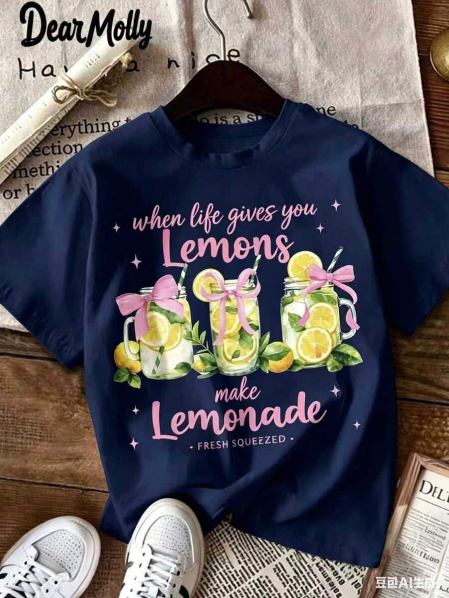 DEAR MOLLY Women's "When Life Gives You Lemons" Lemonade Pattern Print T-Shirt, Casual Retro Lemon Pattern Round Neck Short Sleeve T-Shirt, Suitable - 藏蓝色 - 查看 1