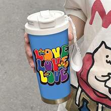 1pc/5pcs 500ml Stainless Steel Vacuum Insulated Coffee Tumbler, Rainbow Love Theme. Rainbow Love Theme Design, Keeps Drinks Hot/Cold, Portable With Hanging Strap, Suitable For Commuting, Travel Or Daily Use. Made Of Stainless Steel To Maintain Beverage Temperature For Long Time. Fashionable Personal Item Or Thoughtful Gift, Essential For Couples. - Blue - Colorful LOVE - View 9