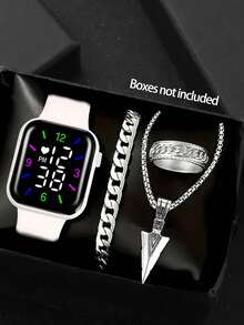 4pcs/Set Sports Watch For Men, Electronic Watch With White Digital Display And Arrow Necklace Jewelry Set - White - View 1