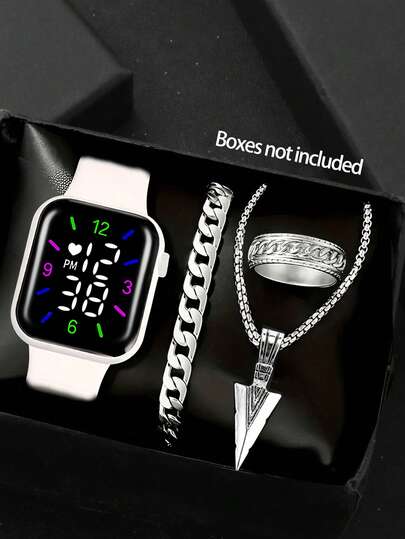 Bộ 4 món đồng hồ thể thao dành cho nam, màn hình LED kỹ thuật số có đèn màu, chức năng hiển thị giờ và thứ, đồng hồ đeo tay và dây chuyền trang sức đeo hàng ngày.