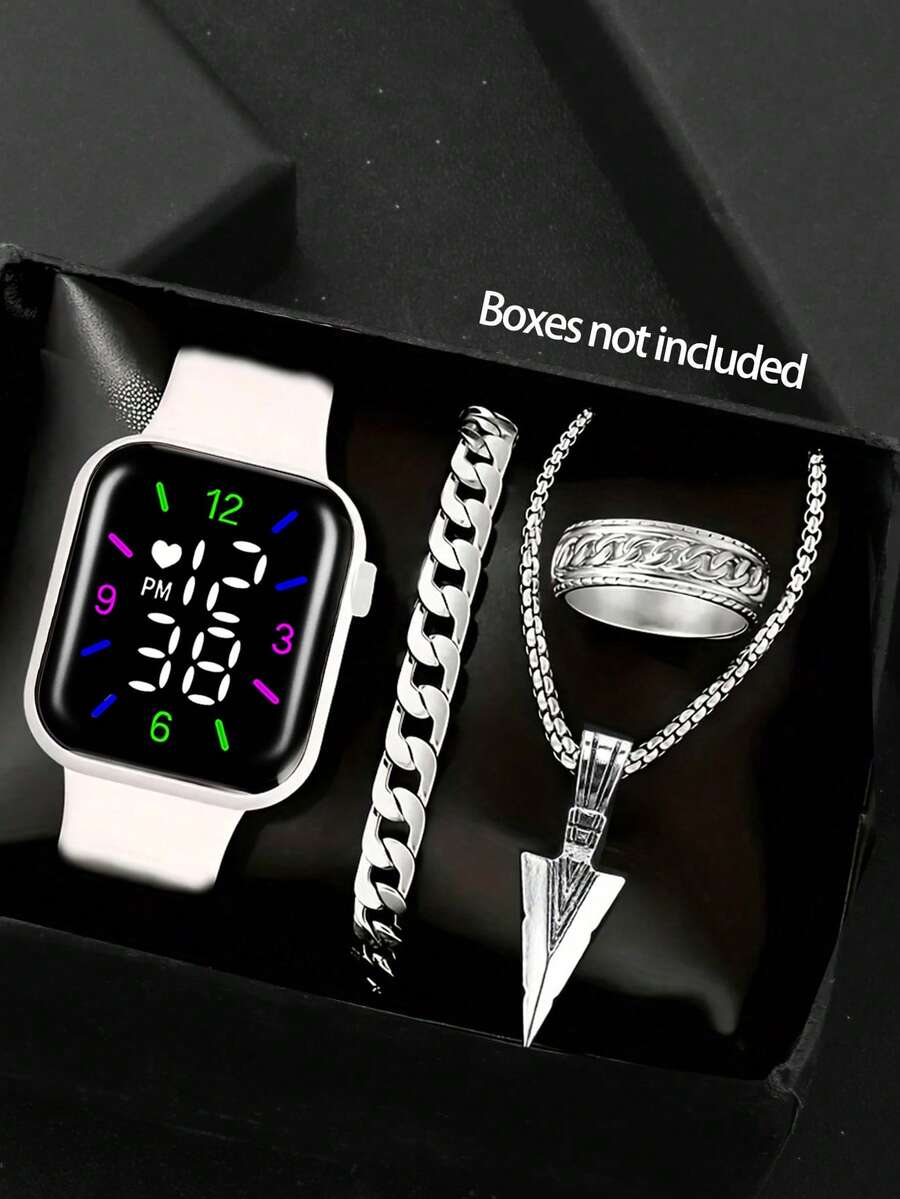 4pcs/Set Sports Watch For Men, Electronic Watch With White Digital Display And Arrow Necklace Jewelry Set - White - View 1