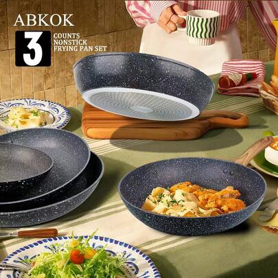 ABKOK 1 cái / 2 cái / 3 cái – Chảo rán bằng nhôm cán gỗ (18cm / 7.09"; 24cm / 9.24"; 28cm / 11.02") – Chảo chống dính, đa năng: Lý tưởng cho bữa sáng và các bữa tiệc; Tương thích với mọi loại bếp (Có 2 màu); Bán lẻ hoặc theo bộ.
