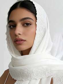 Luxury Rose Embroidered Chiffon Scarf, Draping Headscarf, Minimalist Style, Delicate Rose Lace Chiffon Headscarf - White - View 9