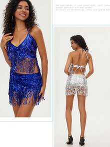 Nouveau costume de danse du ventre, robe de danse à sequins et à franges, tenue de compétition de scène, accessoires de danse - Multicolore - Voir 4