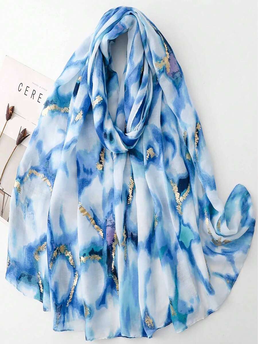 Women's French Metallic Ink Gradient Scarf, Golden Texture Abstract Print Scarf, Versatile For Vacation And Commute, Long Shawl Beach Wrap - Blue - View 1