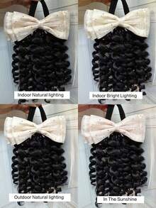 1pc Extension Synthetic Hairpiece For Kids Black Hair Curly Ponytail With Yarn Bow Elastic - Natural Black - View 7