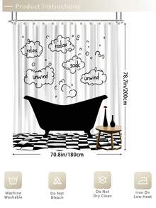 1/4 Set Black & White Bathtub Relaxing Bubble Print Bathroom Shower Curtain Set; Minimalist Artistic Style, Waterproof ; Includes 12 Hooks, Toilet Seat Cover, Bath Mat & Rug; Made Of High-Quality Washable & Mildew-Resistant Plastic Material. - Multicolor - View 13