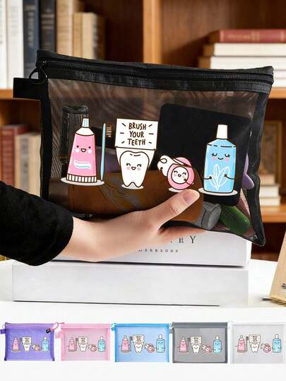 可爱卡通牙刷旅行包 - “刷牙”网眼化妆包，便携式口腔护理收纳包，透明网眼化妆包，旅行洗漱包，可装牙膏、漱口水及其他小物件，轻便拉链包，适合旅行、上学和日常使用，透气网眼洗漱收纳包，旅行装口腔护理套装包