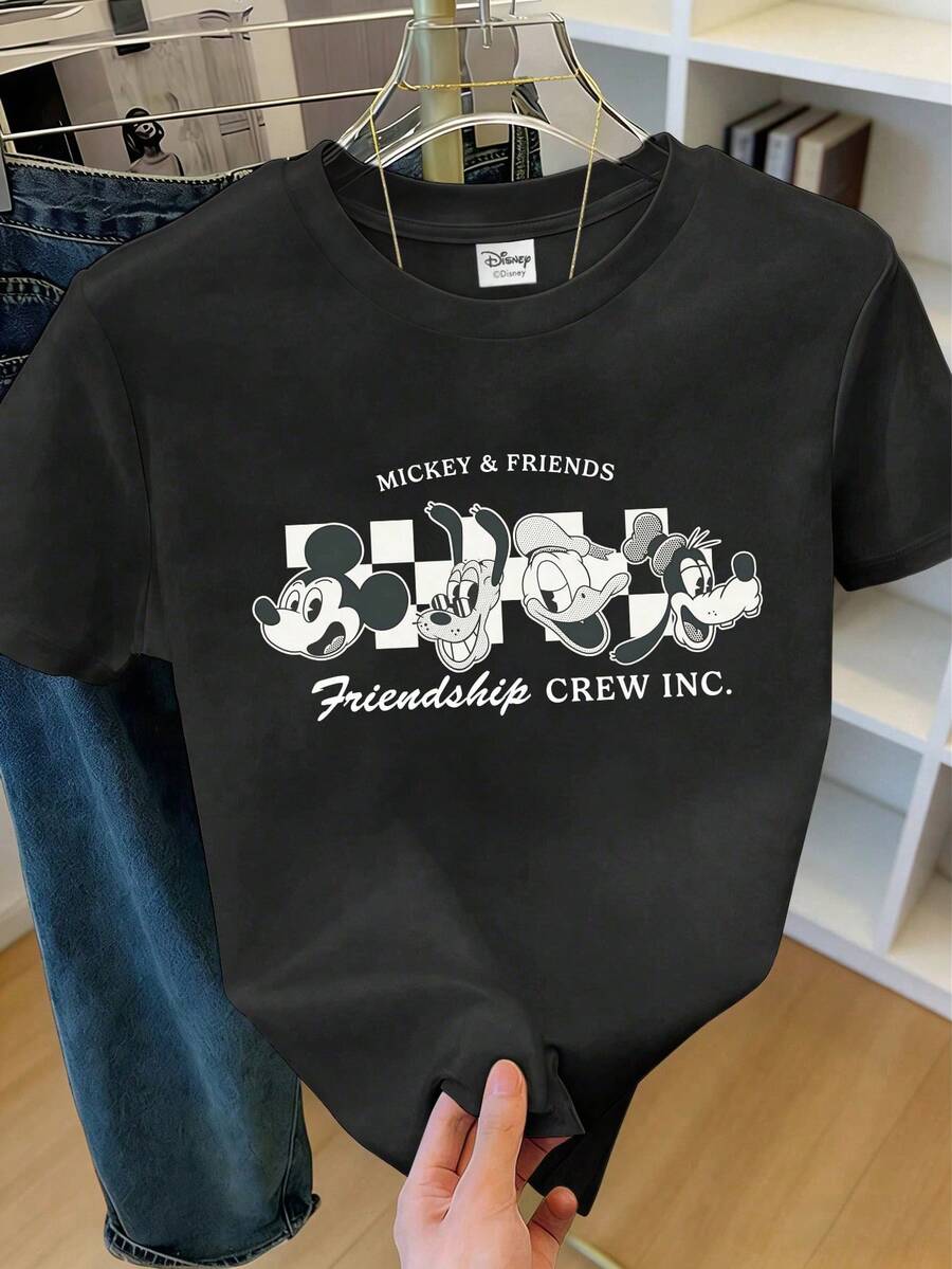 Disney 男士休闲短袖圆领T恤，印有米奇、高飞和布鲁托等卡通人物图案，黑白棋盘格纹设计。适合四季日常穿着，旅行必备。男士图案T恤，男装。 - 黑色 - 查看 1