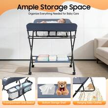 RibasuBB Foldable Baby Changing Table With Adjustable Height, 3 Storage Compartments, Towel Rack, Non-Skid Wheels, For Babies Up To 12 Months (Gray) - Dark Grey - View 6