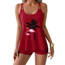 Pink Flamingo Hawaii 2pcs Tankini Swimsuits Stretchy Swim Tops Hide Tummy Bathing Suit Shorts - Red - View 4