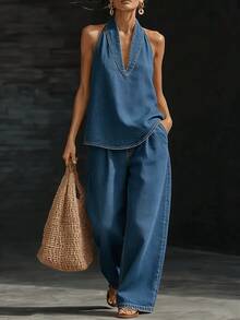 2026"Effortless V-Neck Denim 2pcs Set"| Short-Sleeve Loose Top& Wide-Leg Jeans, Perfect For Commute& Laid-Back Daily Style - Light Blue - View 6