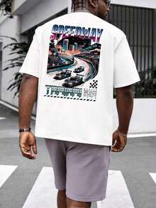 Men's Loose Fit T-Shirt With Racing Car Print, Urban Style - White - View 4
