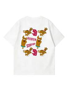 SHEIN X SCOOBY-DOO Summer Women's Short Sleeve Classic Cartoon All-Over Dog Letter Print Graphic T-Shirt, A Fusion Of American Retro And Y2K Millennium Aesthetic, Perfect For Easy Layered Styling, Suitable For Girls' Dates, Street Photography, Campus Life, Summer Outings, Daily Vacations, Retro Parties, Shopping Trips And More, A Must-Have Short Sleeve Top For American Retro Style Outfits - White - View 4