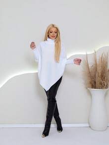 MONNEI Knitted Poncho With High Neck And Asymmetrical Batwing Sleeves, French Style - 白色 - 查看 2