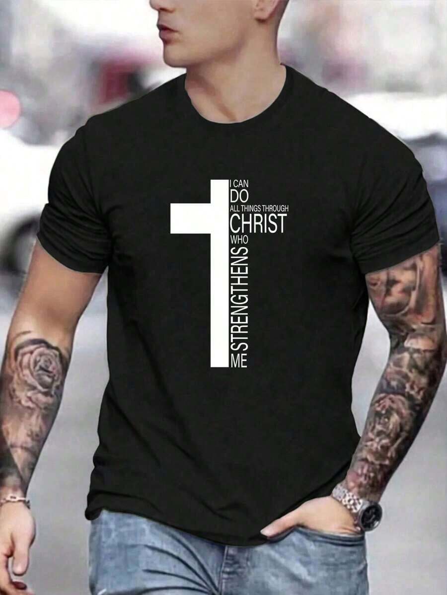 Men's Graphic T-Shirt With Slogan - Black - View 1