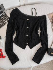 Elegant Casual Sweet Lace Floral Off-Shoulder Long Sleeve Cardigan With Delicate Silver Bow Decor, Suitable For Daily Wear, Dates, And Parties In Spring/Summer Black - Black - View 8