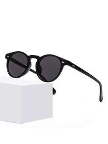 1 Pair Men's Leopard Print Round Vintage Green Lens Rivet Decor Fashion Glasses, Fashionable For Street Style And Vacation - Glossy Black/Grey - View 3