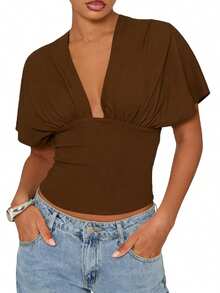 Top corto liso de verano para mujer, sin mangas, con escote en V profundo, corte ajustado, ideal para fiestas y playa. - Café integral - Ver 3