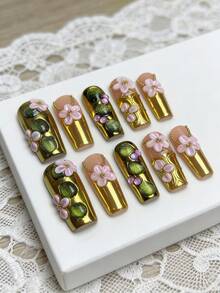 10pcs Luxury 3D Striped Floral Metallic Chain Green Cat Eye Acrylic Nails For Hands, Vacation, Vacation Outfits, Graduation, Press On Nails, Suitable For Girls, Holiday, Wedding, Party - Gold - View 16