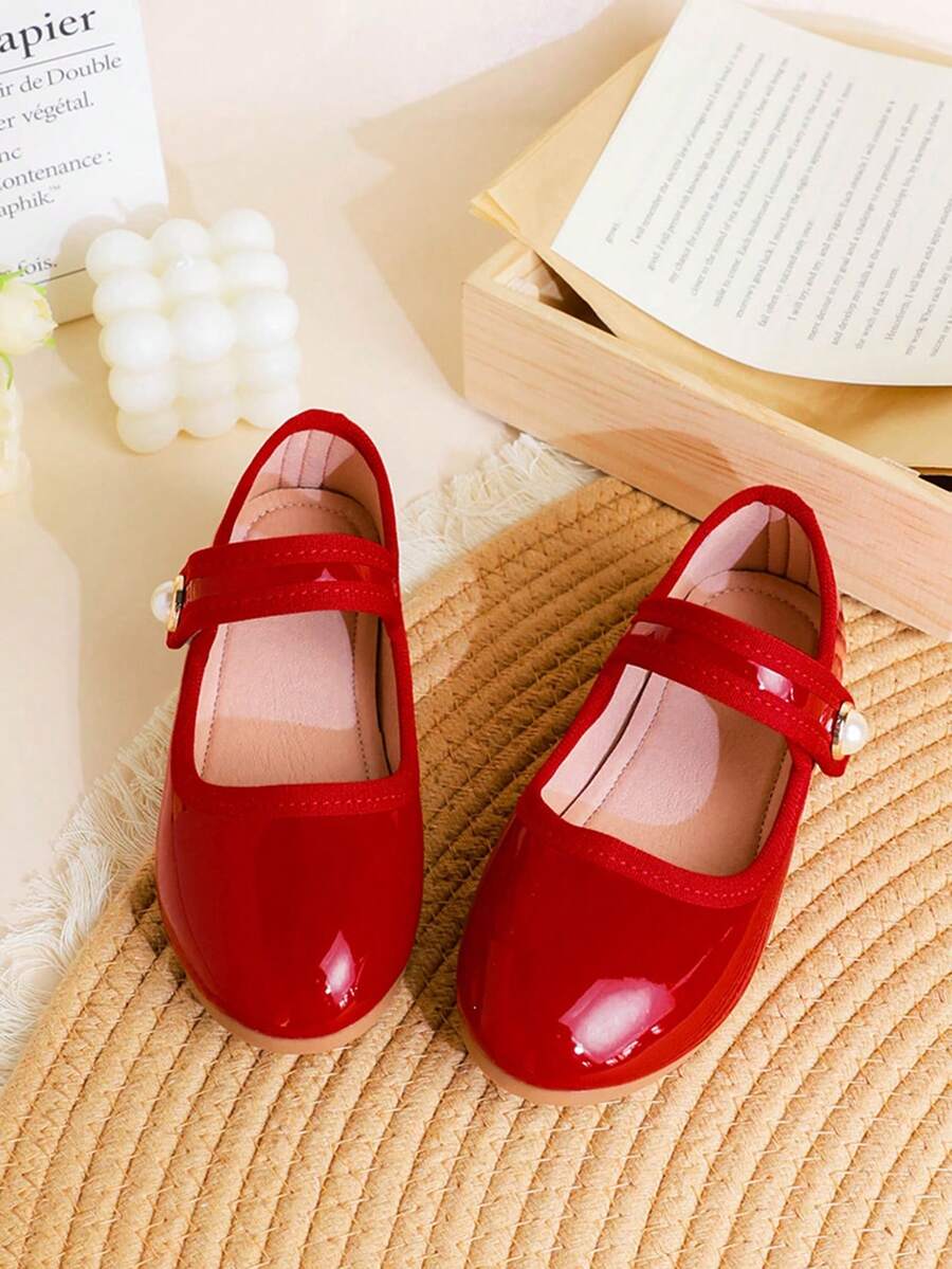 1 Pair Minimalist Fashion British Style Solid Color Elegant Flat Shoes For Girls, Suitable For Daily Wear, Spring/Summer - Red - View 1