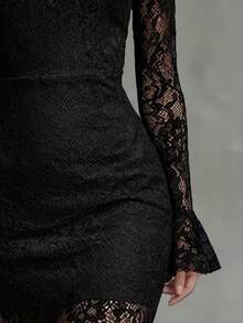 黑色蕾丝长裙，优雅性感蕾丝透视修身鱼尾裙，适合春夏穿着 - 黑色 - 查看 5