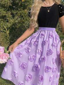 Set de 2 piezas Conjunto de niña preadolescente de estilo princesa dulce: Falda larga con adornos florales + Blusa de manga abullonada con cuentas, Moda para el verano - Morado - Ver 1