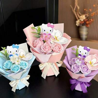 SANRIO 三丽鸥仿真玫瑰花束、Hello Kitty卡通可爱兰花花束、Hello Kitty母亲节礼物、仿真玫瑰、永生花花束、Hello Kitty可爱桌面摆件、Hello Kitty情人节礼物、婚礼装饰、日常惊喜礼物、Hello Kitty派对礼品、生日礼物